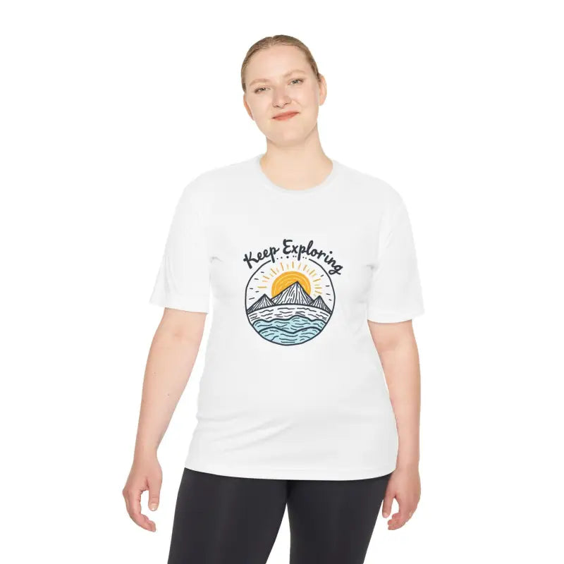 White Keep Exploring Unisex Quick Dry T-Shirt featuring a graphic design