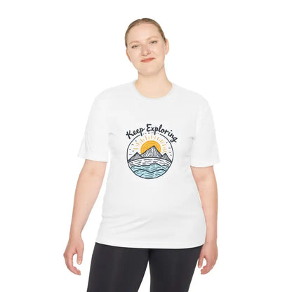 White Keep Exploring Unisex Quick Dry T-Shirt featuring a graphic design