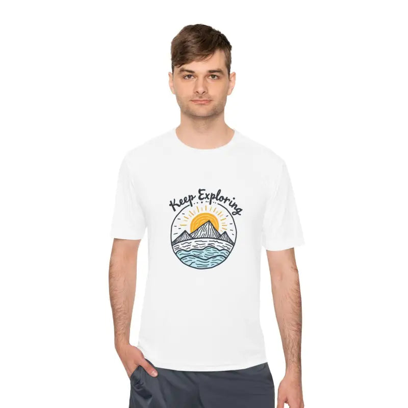 White Keep Exploring Unisex Quick Dry T-Shirt featuring a mountain graphic design