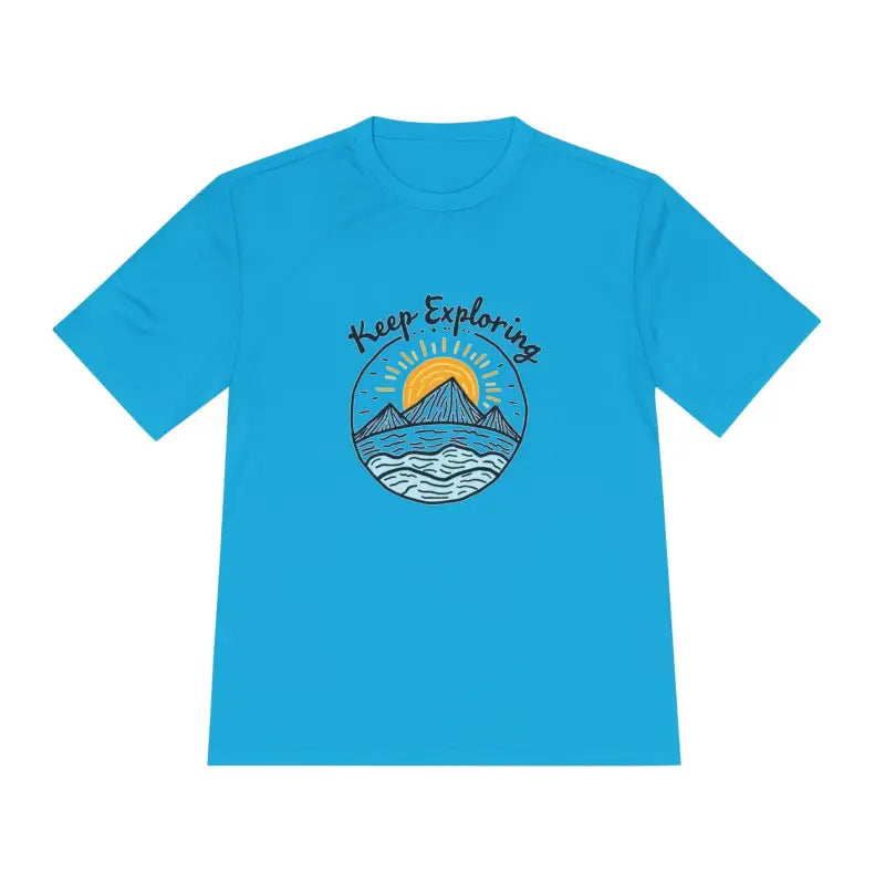 Blue unisex quick dry t-shirt featuring Keep Exploring graphic design