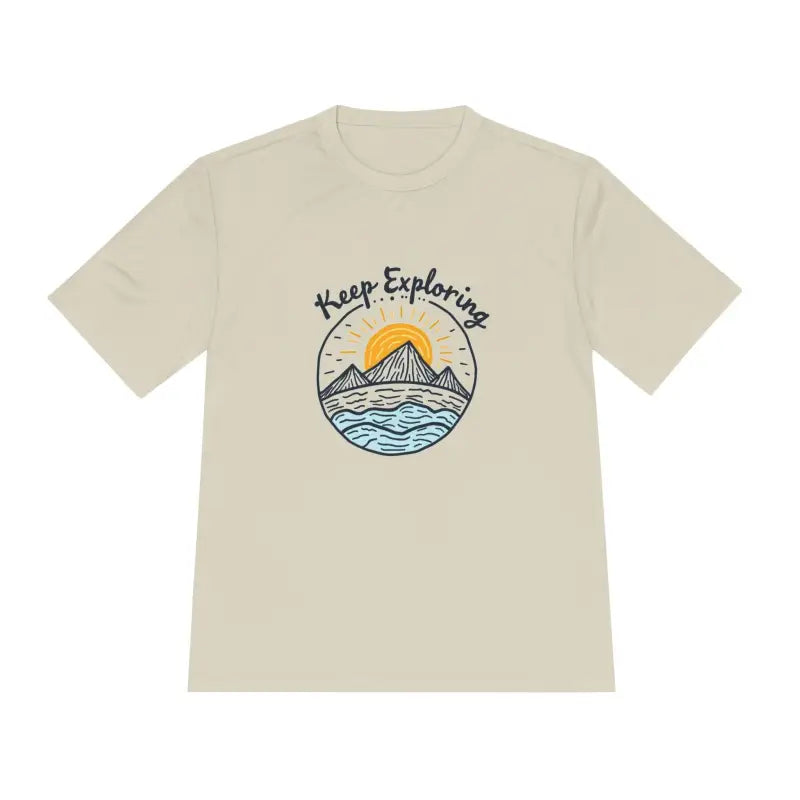 Beige Keep Exploring Unisex Quick Dry T-Shirt with mountain and water graphic