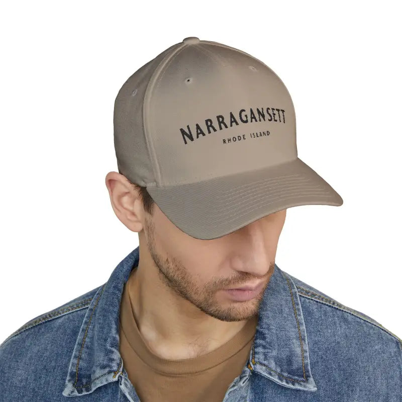 Khaki baseball cap featuring Narragansett Rhode Island embroidery for stylish wear