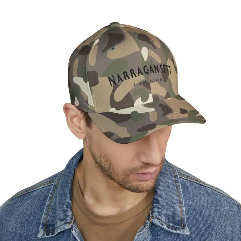 Camo baseball cap featuring Narragansett Rhode Island embroidery for stylish wear