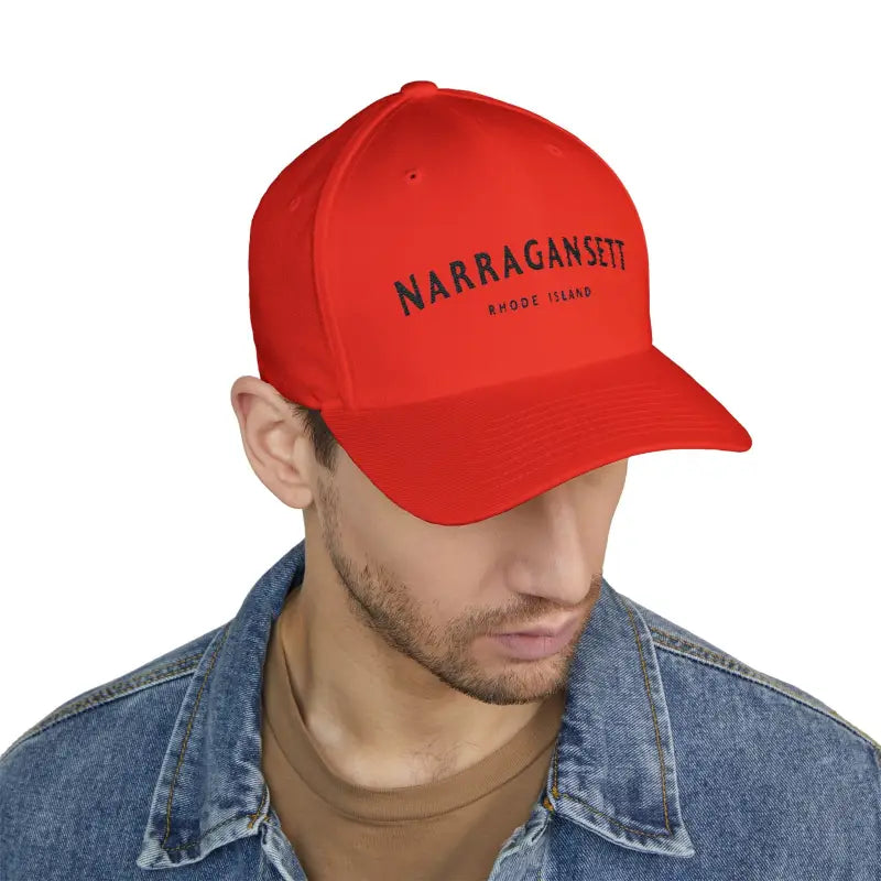 Red baseball cap featured in Narragansett Rhode Island Embroidered Cap stylish hat