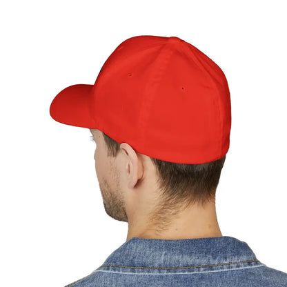 Red baseball cap featuring Narragansett Rhode Island embroidery, stylish and trendy design