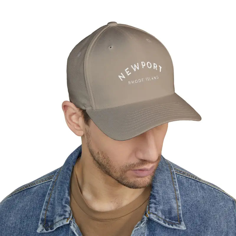 Newport Rhode Island Embroidered Baseball Caps in Khaki Gray and Dark Blue - Ocean State Styles