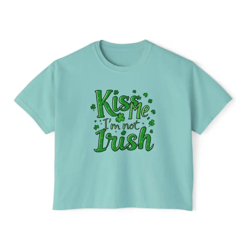 Light blue boxy tee featuring Kiss Me I’m Not Irish text in Chalky Mint color