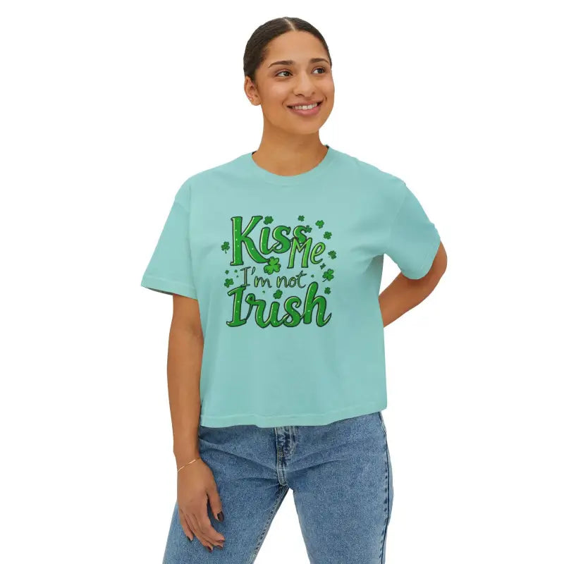 Woman in Kiss Me Im Not Irish Womens Boxy Tee in Chalky Mint color