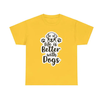Yellow t-shirt featuring a dog graphic from the Life Is Better With Dogs T Shirt Collection