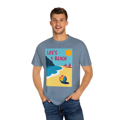 Blue unisex t-shirt with beach graphic suitable for Casual Beach Vibes Lifestyle