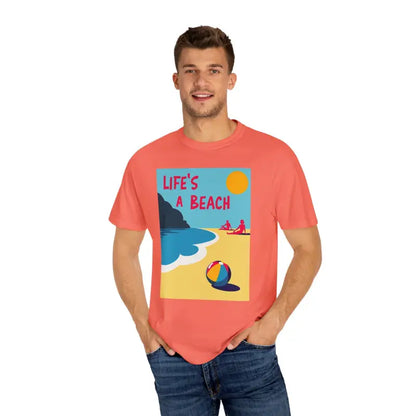 Coral-colored unisex T-shirt featuring beach graphic for casual beach vibes