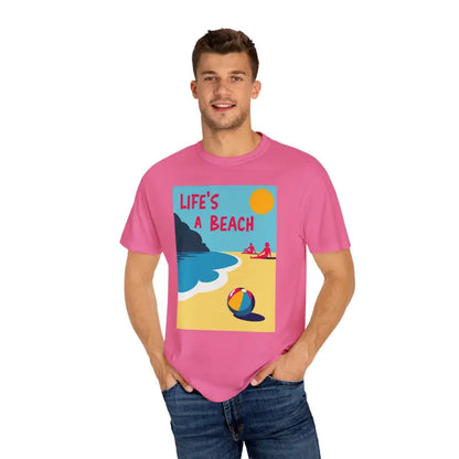 Pink T-shirt featuring beach graphic from Lifes a Beach Unisex Casual Vibes collection