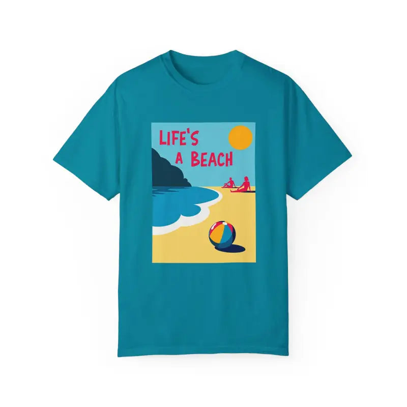 Teal unisex T-shirt featuring a beach graphic for casual seaside style