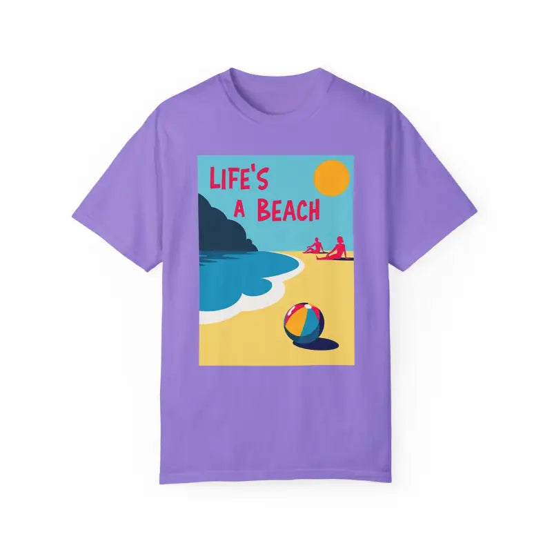 Purple unisex T-shirt featuring a beach scene graphic for casual beach vibes