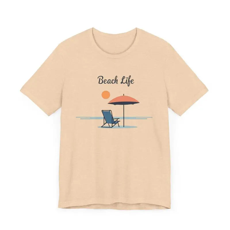 Beige t-shirt featuring a vibrant beach scene from the Light Blue and Beige Beach Life Tee