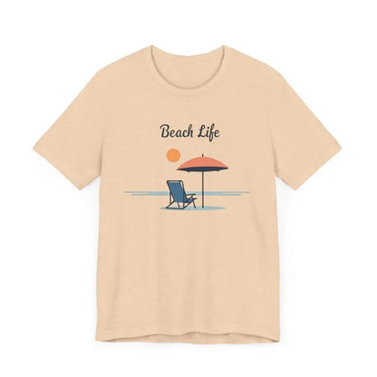 Beige t-shirt featuring a vibrant beach scene from the Light Blue and Beige Beach Life Tee