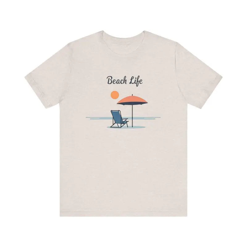 Beige t-shirt featuring a vibrant beach scene from the Light Blue and Beige Beach Life Tee