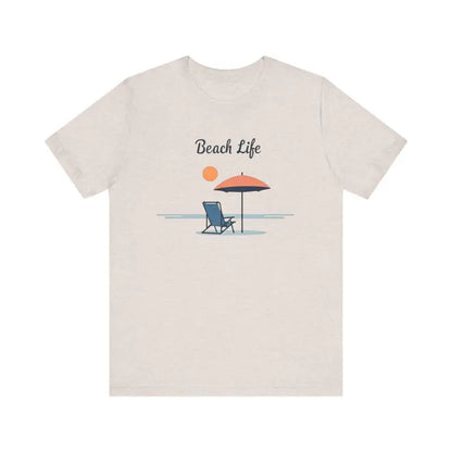Beige t-shirt featuring a vibrant beach scene from the Light Blue and Beige Beach Life Tee
