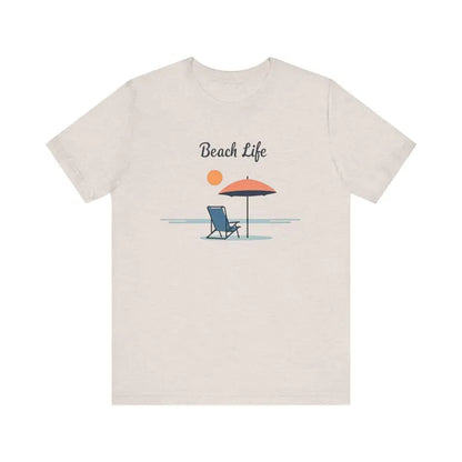 Light Blue and Beige Beach Life Tee featuring a serene beach scene for ocean lovers