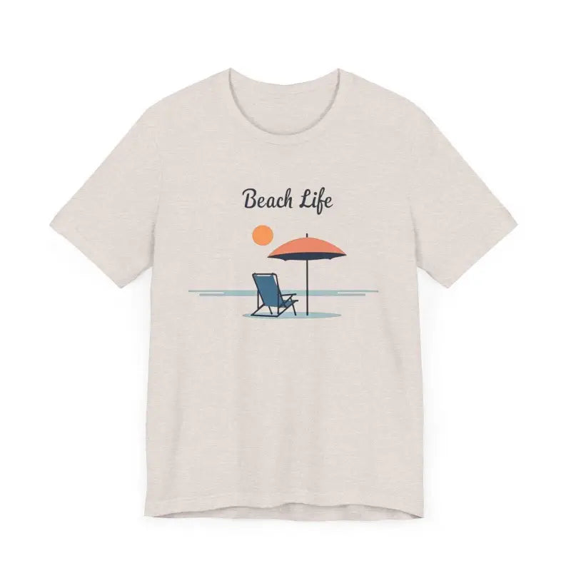 Beige t-shirt featuring a beach scene, perfect for ocean lovers and summer vibes