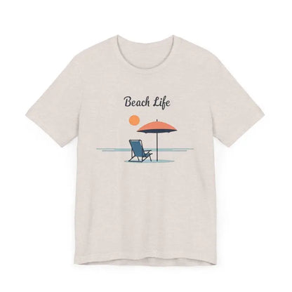 Beige t-shirt featuring a beach scene, perfect for ocean lovers and summer vibes