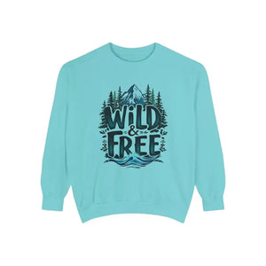 Light blue crew neck sweatshirt with Wild and Free graphic from Light Blue Gray and White Collection