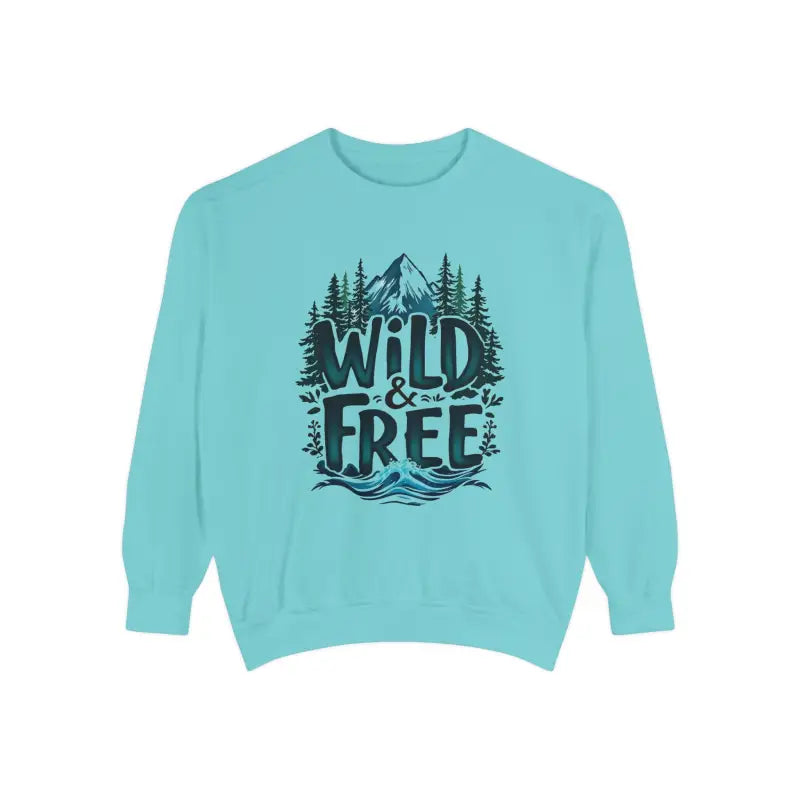 Light blue crew neck sweatshirt with Wild and Free graphic from Light Blue Gray and White Collection