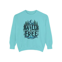 Light blue crew neck sweatshirt with Wild and Free graphic from Light Blue Gray and White Collection