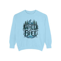 Light blue long-sleeved crewneck sweatshirt with nature-themed graphic for Wild and Free product