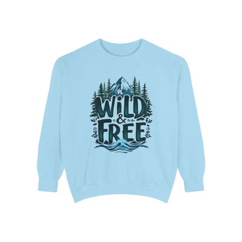 Light blue long-sleeved crewneck sweatshirt with nature-themed graphic for Wild and Free product