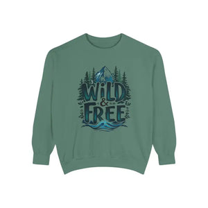 Green crewneck sweatshirt with Wild and Free graphic from Light Blue Gray and White collection