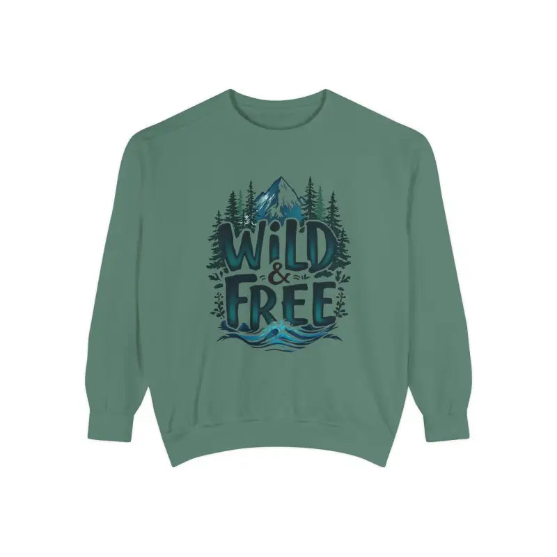 Green crewneck sweatshirt with Wild and Free graphic from Light Blue Gray and White collection