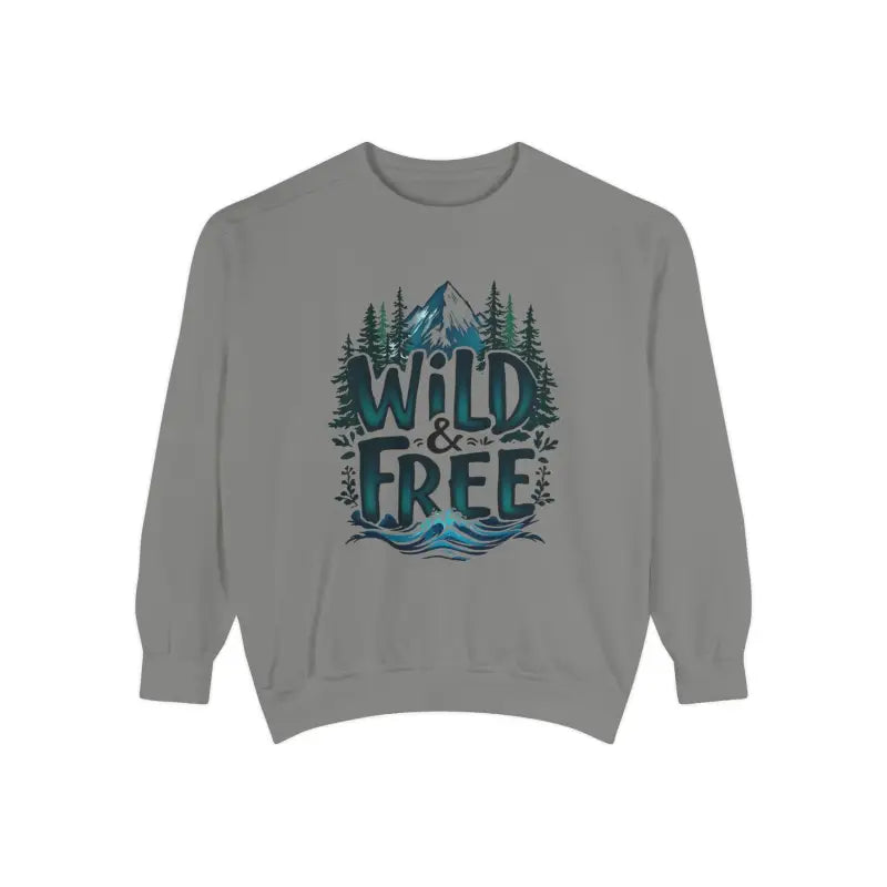 Gray crewneck sweatshirt with a nature-themed Wild and Free graphic