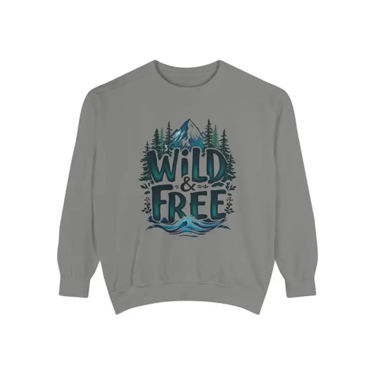 White crew neck sweatshirt with Wild and Free graphic in Light Blue Gray and White design