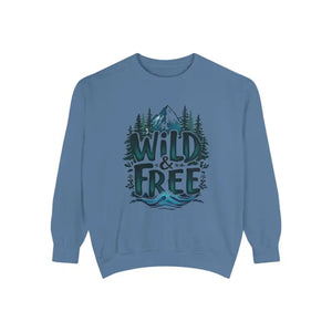 Light blue gray and white crew neck sweatshirt featuring a WILD AND FREE graphic