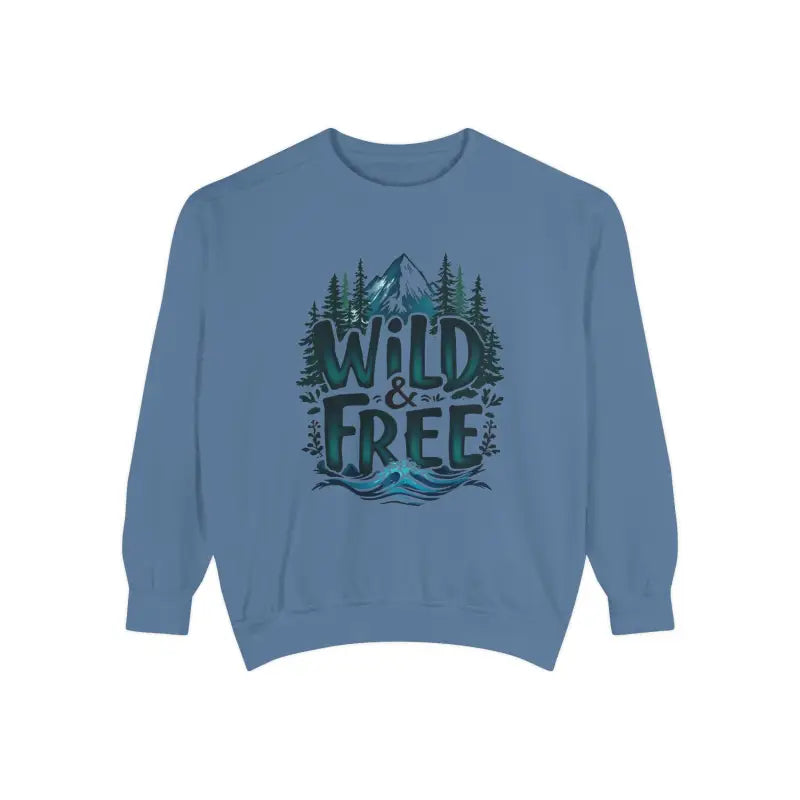 Light blue gray and white crew neck sweatshirt featuring a WILD AND FREE graphic