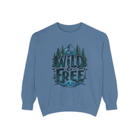 Light blue gray and white crew neck sweatshirt featuring a WILD AND FREE graphic