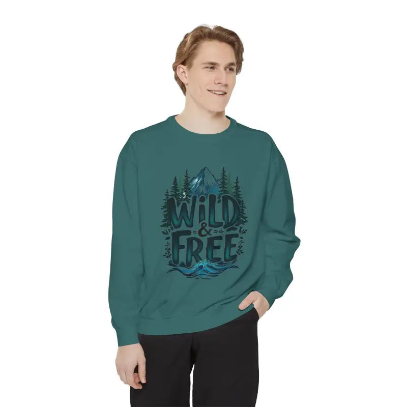 Long-sleeved teal sweatshirt with a nature-themed graphic from Light Blue Gray and White Crew Neck Sweatshirt Wild and Free