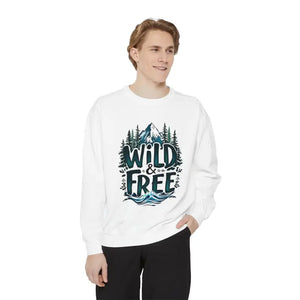 Men’s white crewneck sweatshirt with Wild and Free graphic from Light Blue Gray and White collection