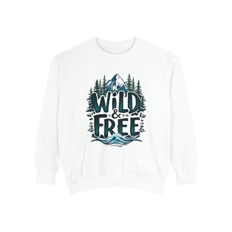 White crew neck sweatshirt with Wild and Free graphic in Light Blue Gray and White design