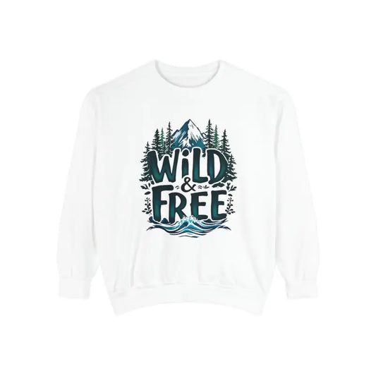White crew neck sweatshirt with Wild and Free graphic in Light Blue Gray and White design