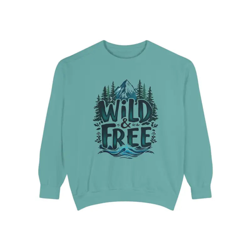 Teal crewneck sweatshirt with Wild and Free graphic in Light Blue Gray and White Crew Neck Sweatshirt