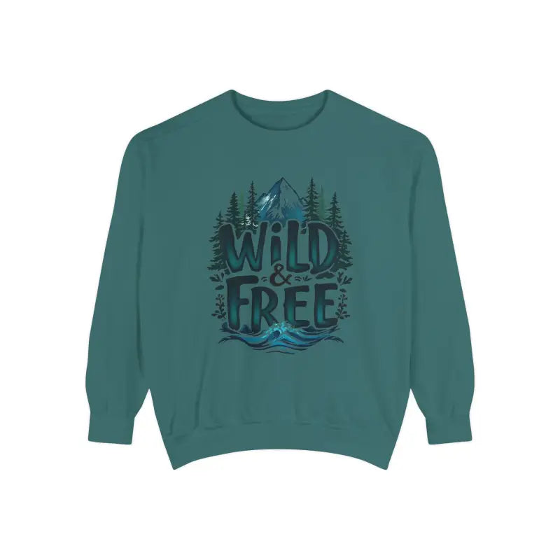 Teal long-sleeved crewneck sweatshirt with Wild & Free graphic in Light Blue Gray and White style