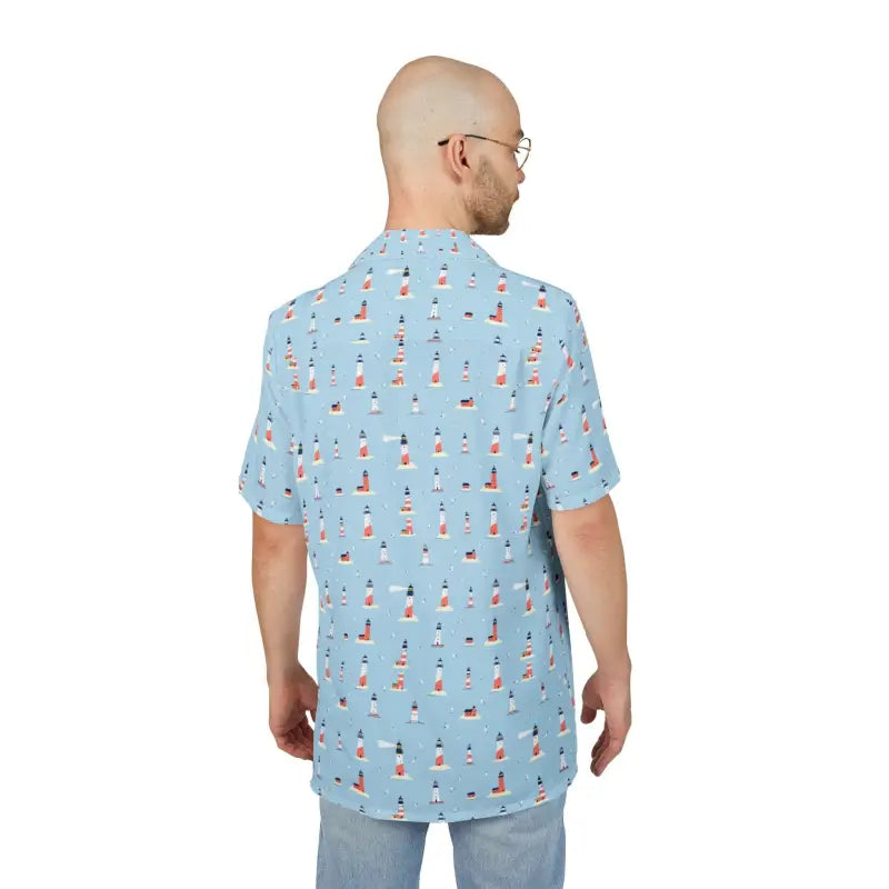 Light Blue Lighthouse Patterned Hawaiian Button-Down Shirt - Ocean State Styles