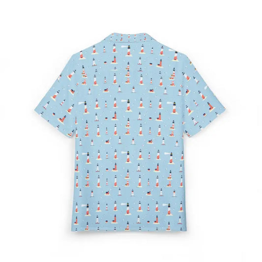 Light Blue Lighthouse Patterned Hawaiian Button-Down Shirt - Ocean State Styles