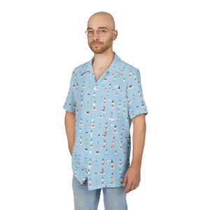 Light Blue Lighthouse Patterned Hawaiian Button-Down Shirt - Ocean State Styles