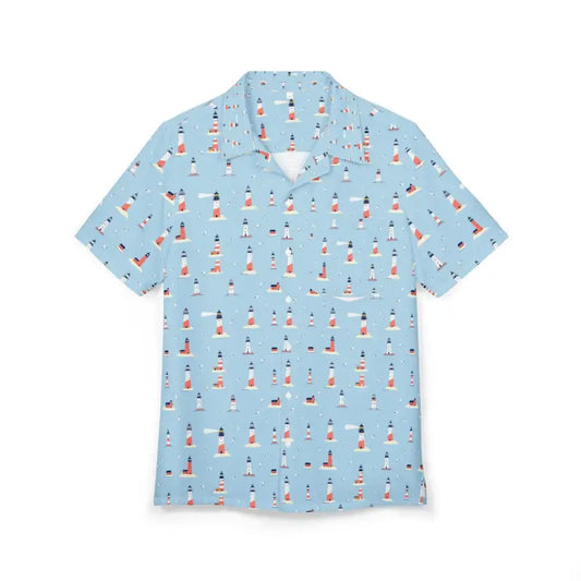 Light Blue Lighthouse Patterned Hawaiian Button-Down Shirt - Ocean State Styles