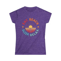 Purple heathered Eat Beach Sleep Relax tee with retro sun graphic