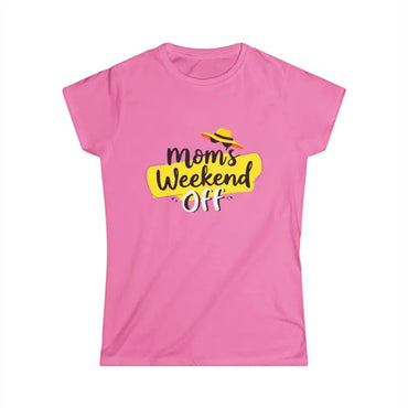 Pink t-shirt featuring Mom’s Weekend Off graphic for women’s casual wear