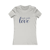 Light gray women’s short-sleeved T-shirt with made with love in dark blue script